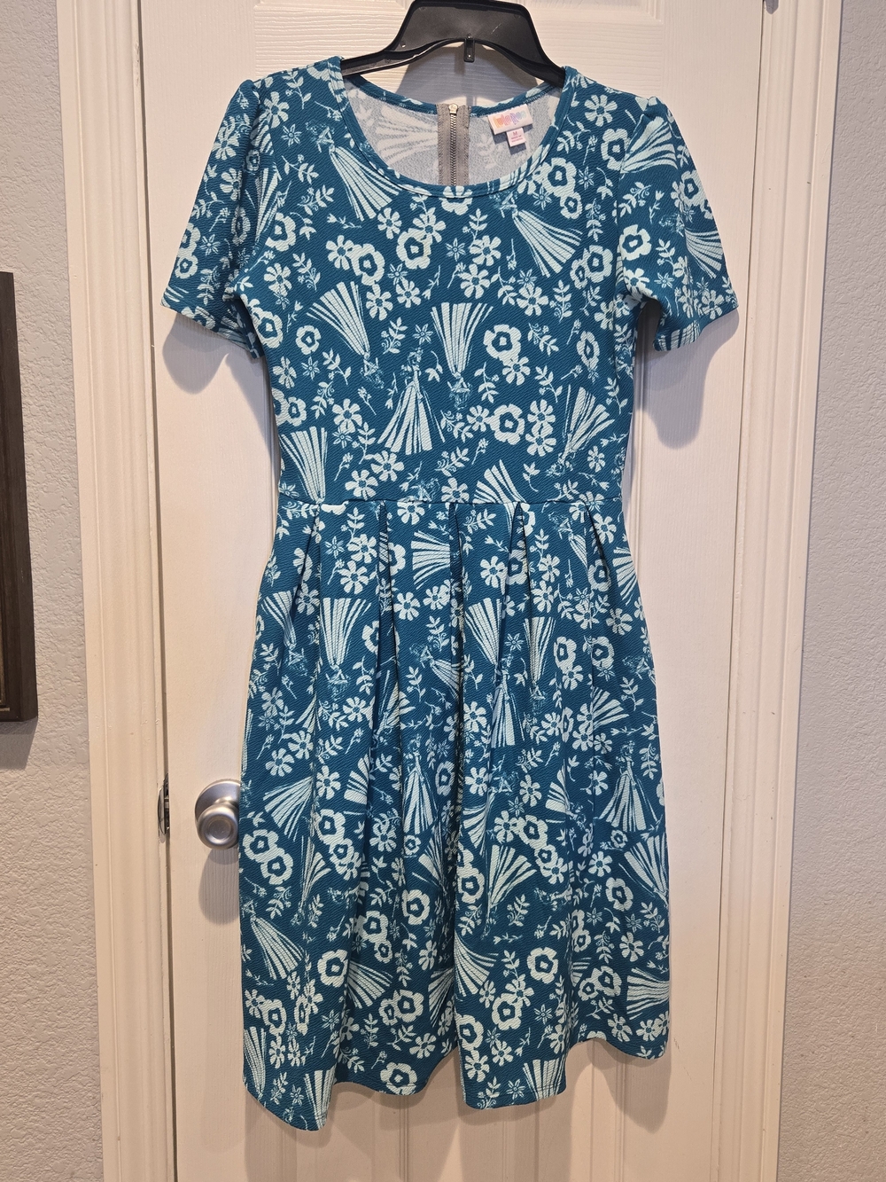 LuLaRoe Disney Collection Amelia Dress Princess Aurora Teal Floral Print Size M